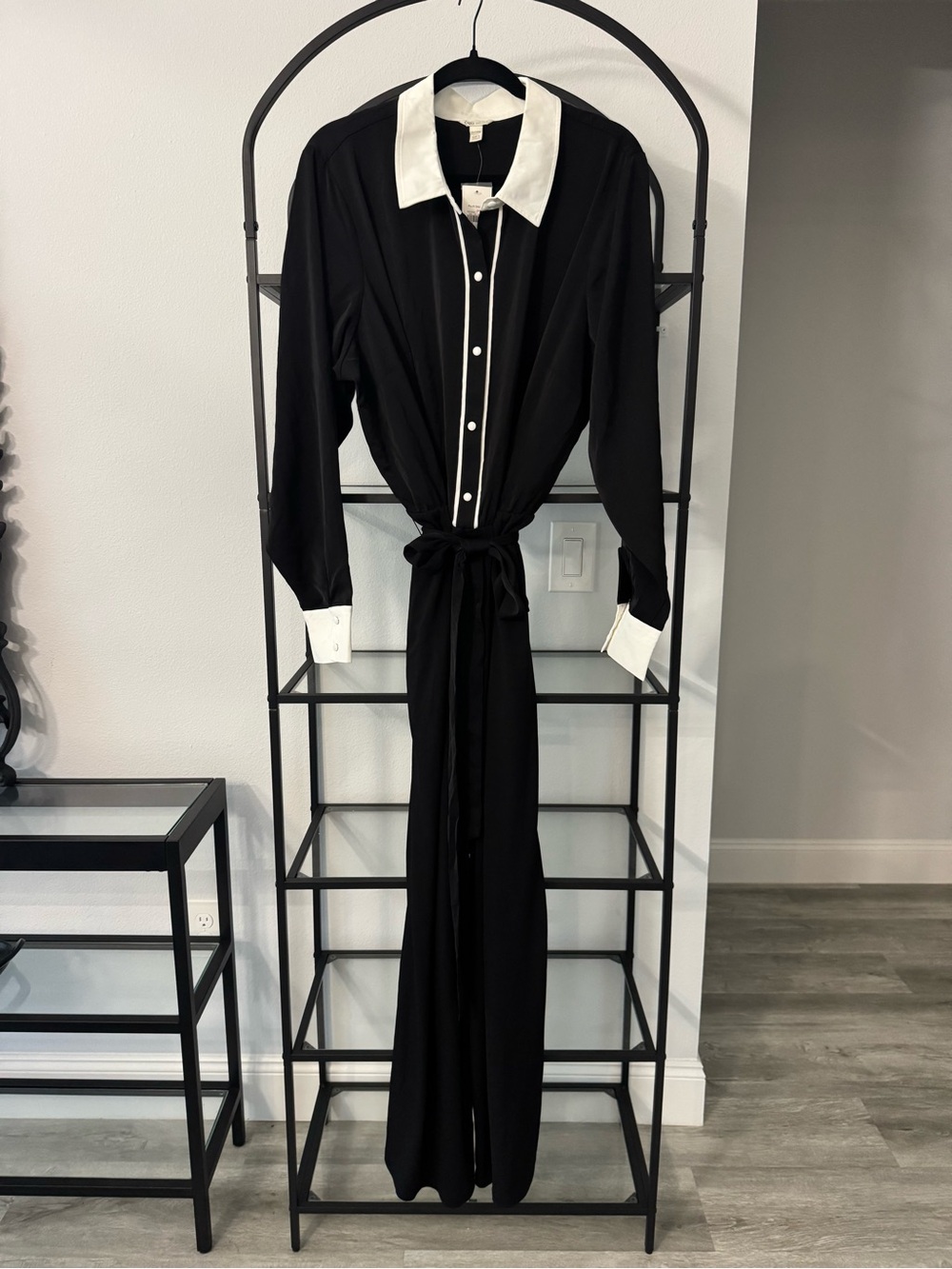 Black and White Long Sleeve Jumpsuit with Tie Waist